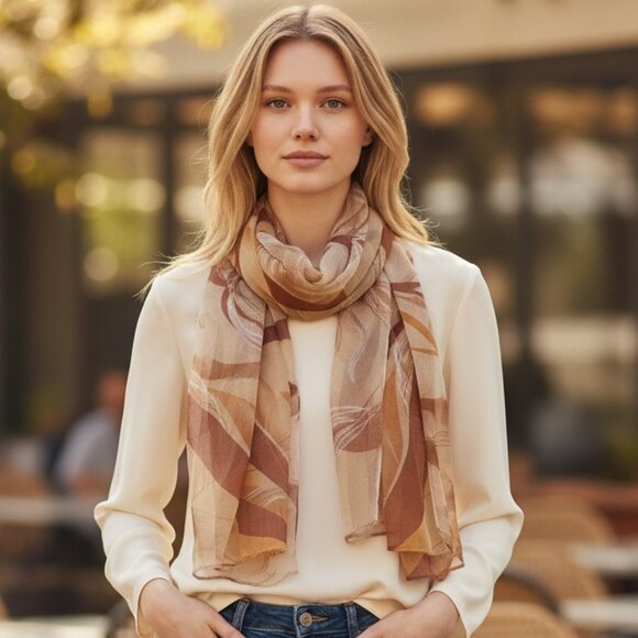 H. Hammer Accessories - Sheer Brown and Orange Swirl Ladies Scarf, lightweight wrap, autumn tones, NWT